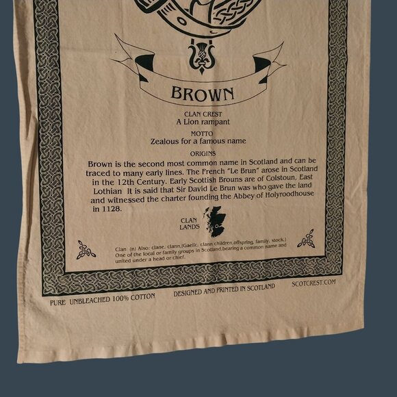 BROWN Crest Tea Towel Clan Cloot Scotland Unbleached Cotton Linen 30"x18" - Picture 3 of 4
